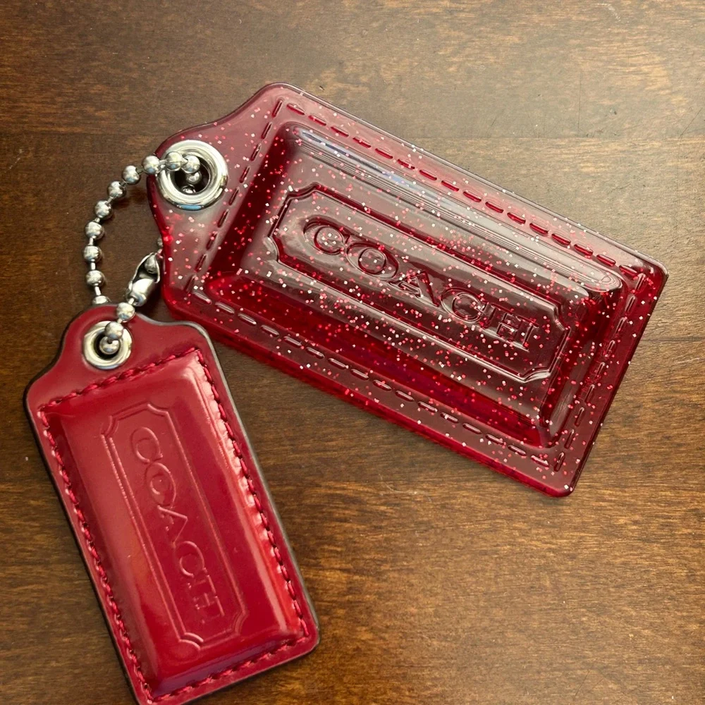Vintage Coach Poppy hang tags. Raspberry glitter acrylic & patent leather. - Picture 2 of 10